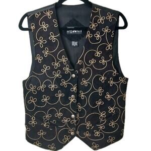 Mischief Women's M Black Genuine Leather Vest Gold Embroidered Western Cowgirl